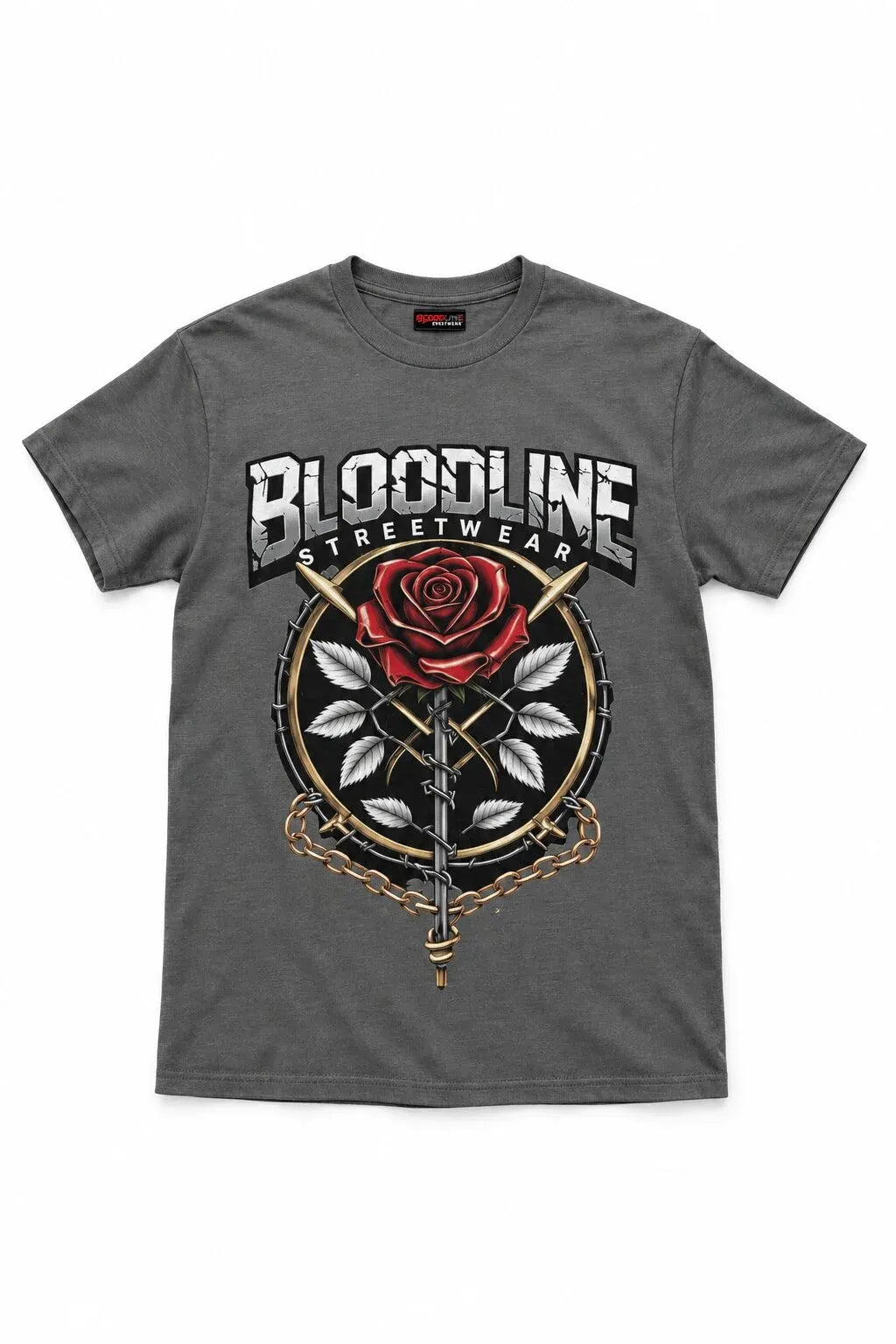 Gray t-shirt with 'Bloodline Streetwear' design featuring a rose and crossed swords on a white background.